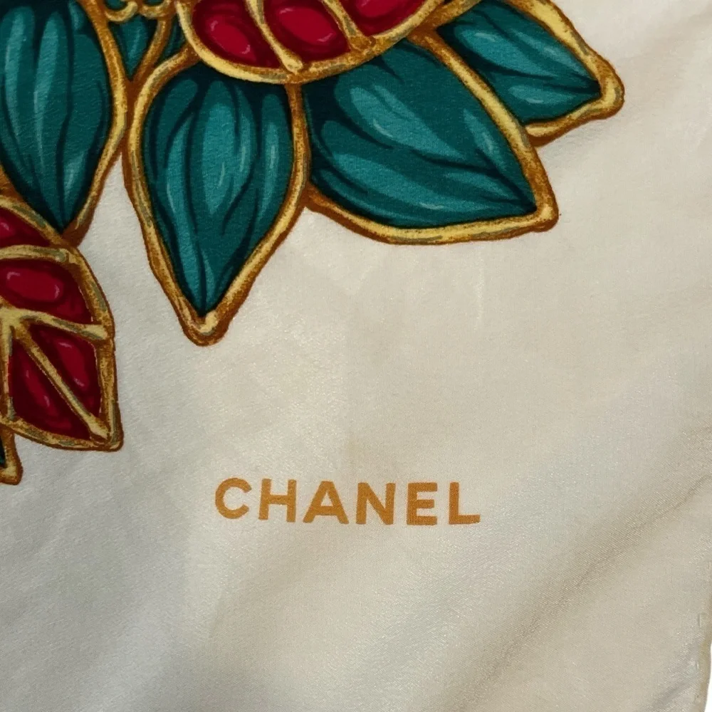 Authentic Chanel Vintage Gripoix Cream Silk Scarf Rare Print